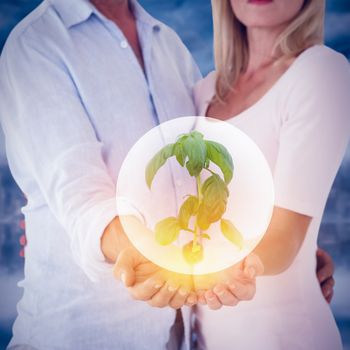 Scientist holding basil plant against room with large window looking on city