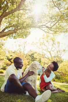 Couple posing with a dog at park 