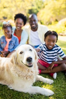 Happy family posing together at park