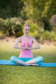 Beautiful woman practicing yoga in park