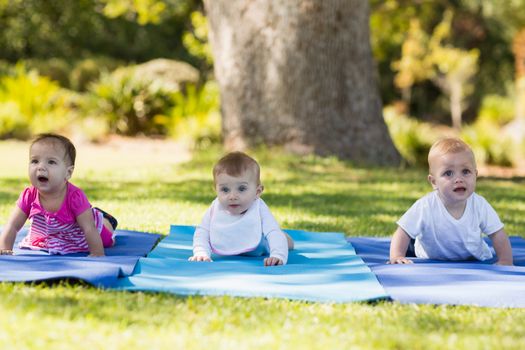 Three babies crawling on exercise-mat in park