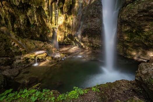 The beautiful Hinanger waterfall, a popular hike in the Allgau near Sonthofen
