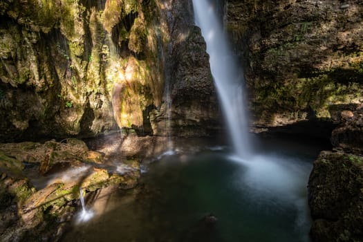 The beautiful Hinanger waterfall, a popular hike in the Allgau near Sonthofen