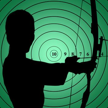 Portrait of sportswoman is smiling and practising archery  against green vignette