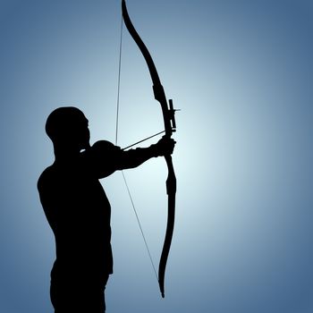 Rear view of sportsman doing archery on a white background against purple vignette