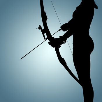 Sportswoman practicing archery against grey vignette