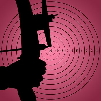 Focus on hand doing archery against red vignette