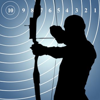 Front view of sportsman is practising archery  against purple vignette