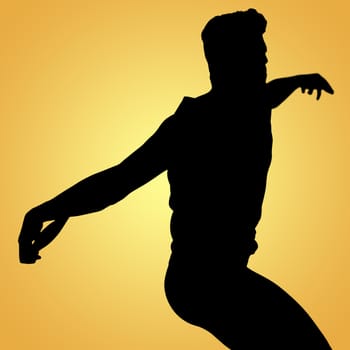 Side view of man throwing discus against yellow vignette