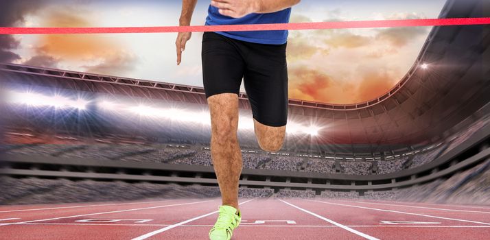 Athlete feet running on white background against race track