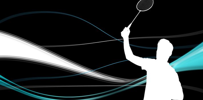 Badminton player playing badminton against abstract lines on black background