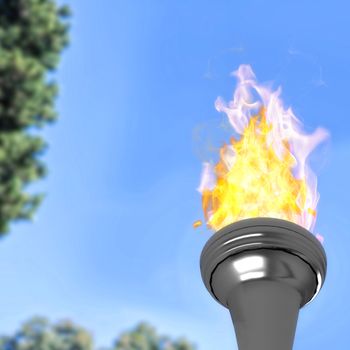 The olympic fire against tree leaves against the sky