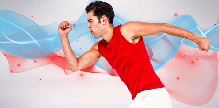 Male athlete running on white background against blue wave