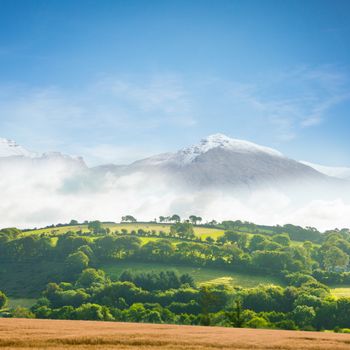 Composite image of a country scene with forest and mountains