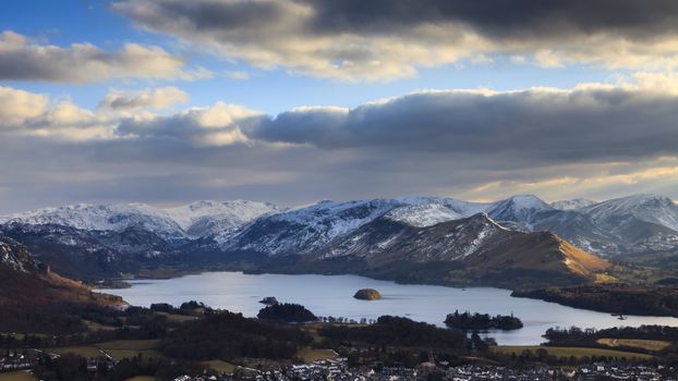 A winter view across Keswick and Derwentwater from Latrigg Fell in the English Lake District.