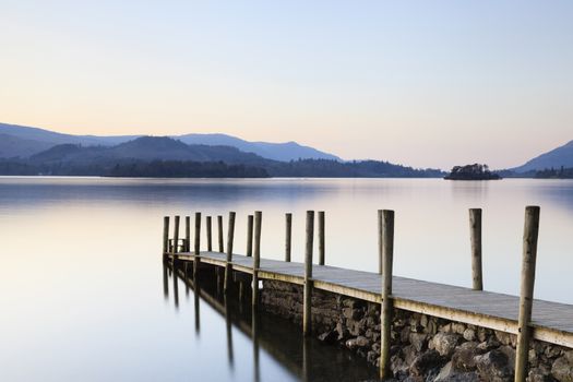 The landing stage is on the banks of Derwentwater, Cumbria in the English Lake District national park.