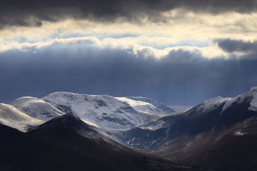 A winter view across the Cumbrian Mountains from Latrigg Fell in the English Lake District national park.