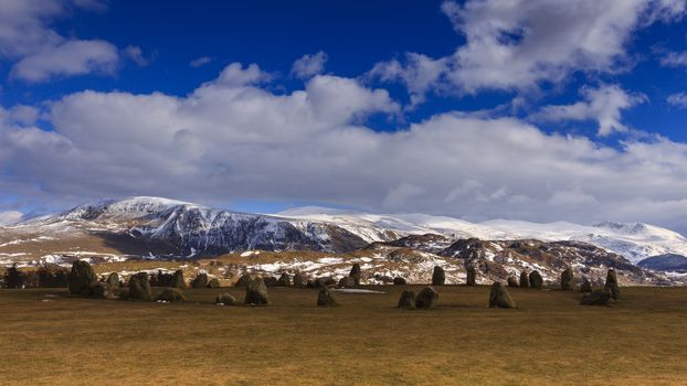 A winter scene at Castlerigg Stone Circle situated near Keswick, Cumbria in the English Lake District national park.