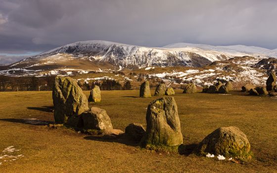 A winter scene at Castlerigg Stone Circle situated near Keswick, Cumbria in the English Lake District national park.