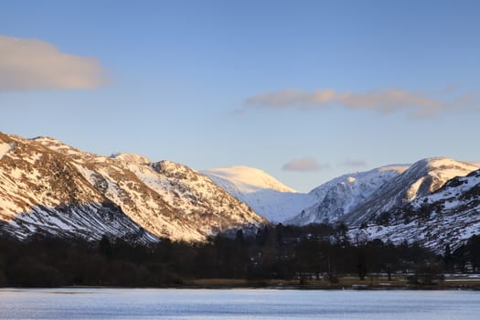 The view across Ullswater from Glennridding through Patterdale valley in the English Lake District national park.