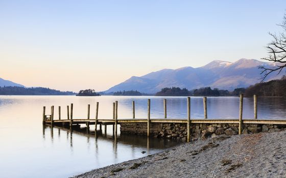 The landing stage is on the banks of Derwentwater, Cumbria in the English Lake District national park.