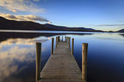 The pier is a landing stage on the banks of Derwentwater, Cumbria in the English Lake District national park.