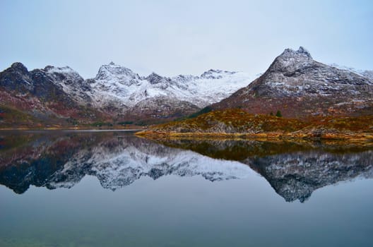 Snowy mountains are perfectly reflected in the mountain lake