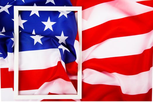 President's Day Concept, flat lay top view, America Flag and photo frame background with copy space for your text