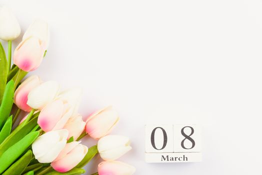 Happy Women's Day, Mother's Day and Valentine's Day concept. top view flat lay Tulip flower on white background, copy space for your text