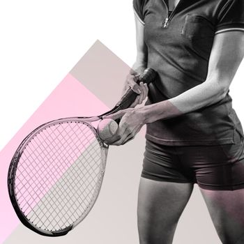 Tennis player holding a racquet ready to serve  against different colors