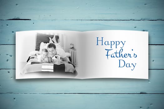 Attractive smiling father with family against overhead of wooden planks