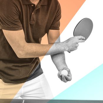 Mid section of athlete man playing table tennis against yellow and blue