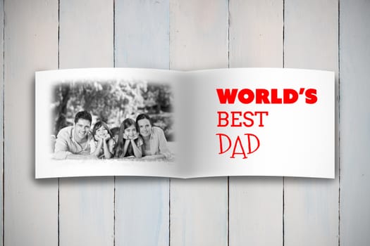 Attractive smiling father with family against overhead of wooden planks