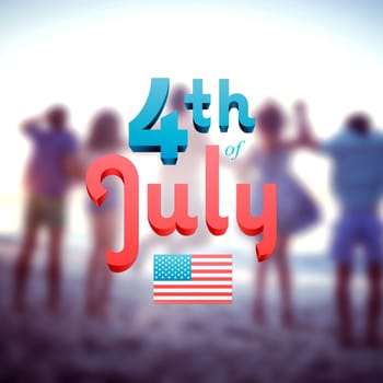 Independence day graphic against happy friends holding hands and jumping