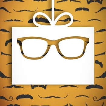 Icons of glasses and tie against white gift with ribbon
