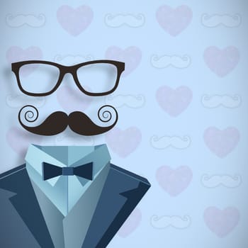 Digitally generated icon of a buste against digitally generated mustache and heart