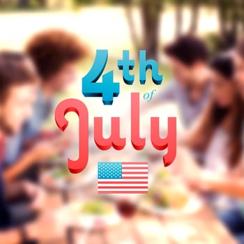 Independence day graphic against happy friends in the park having lunch