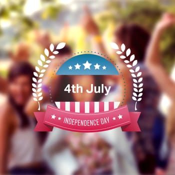 Independence day graphic against happy hipsters dancing to the music