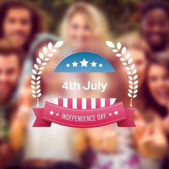 Independence day graphic against happy friends smiling at camera