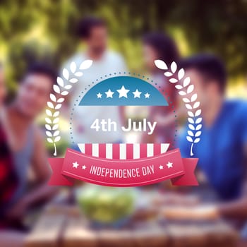 Independence day graphic against happy friends in the park having lunch