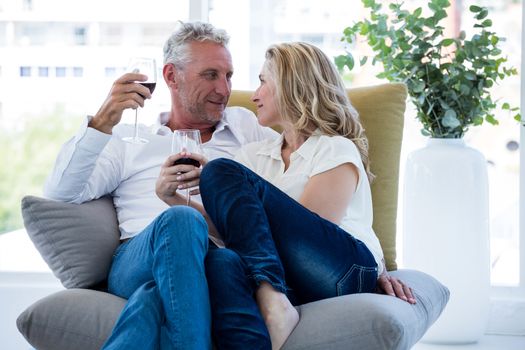 Romantic mature couple having red wine while sitting at home
