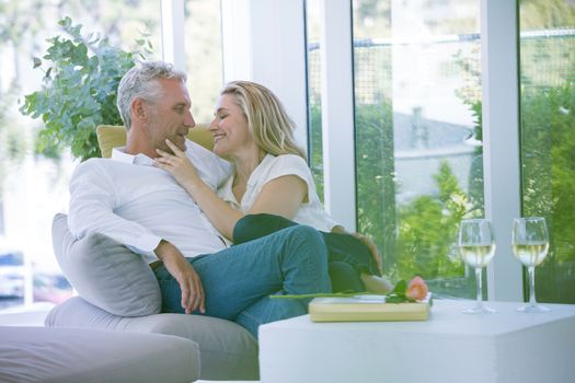 Romantic mature couple sitting on armchair at home