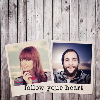 Portrait of a smiling hipster woman against digitally generated grey wooden planks
