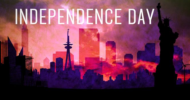 Independence day graphic against artistic cityscape design