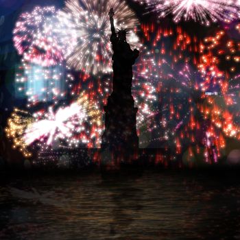 Focus on liberty statue  against colourful fireworks exploding on black background