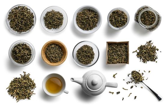 Lotus tea and accessories top view on white background.