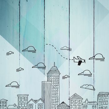 Cityscape doodle against colored wood