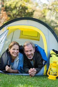 Portrait of happy hiker couple in tent