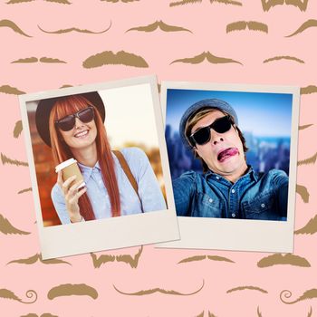 Smiling hipster woman drinking coffee against composite image of mustaches
