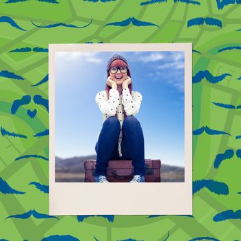 Smiling hipster woman sitting on suitcase  against composite image of mustaches